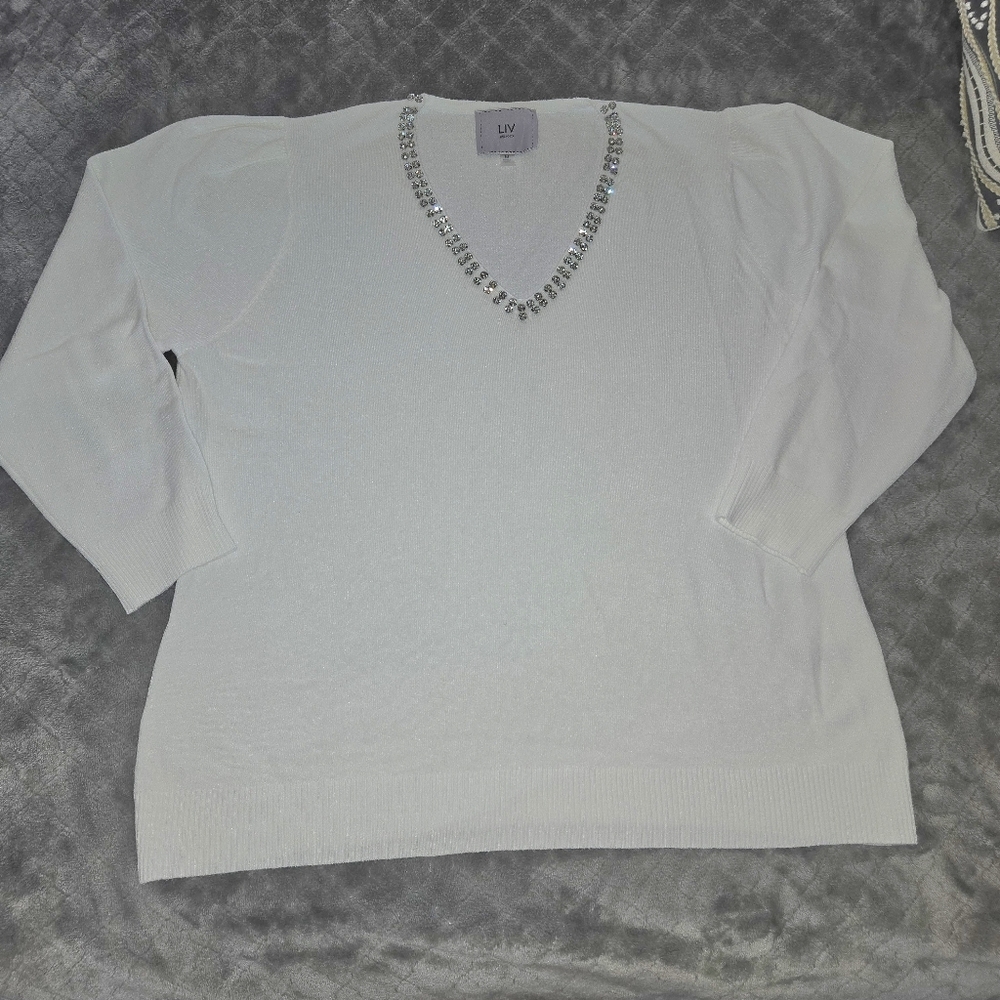 White Rhinestone Beaded Sweater